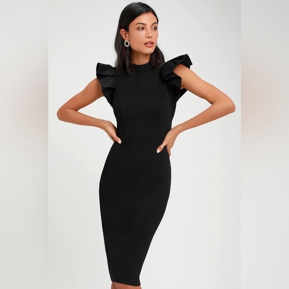 Stylish Splendor Black Backless Ruffle Bodycon Midi Dress - Picture 1 of 8